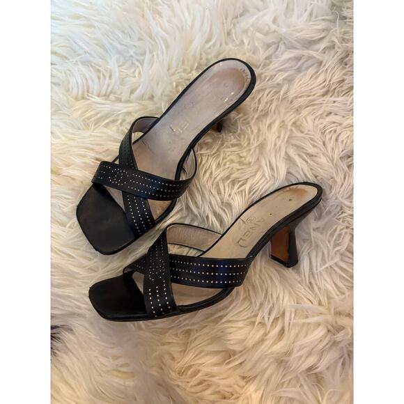 Chanel Black Leather Kitten Heel Slide Sandals 37 US 7 Cross Strap Mules CC Logo - Picture 10 of 11